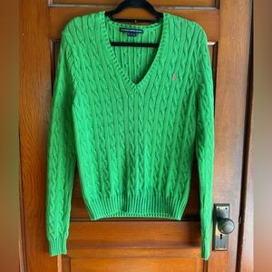 Kelly Green & Pink embroidery Ralph Lauren Sport V-neck Cabled Sweater XL cotton